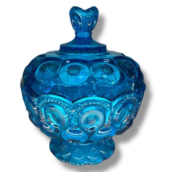 L.E. Smith Moon &  Stars Compote Blue Glass Dish with Lid 7" Tall - Excellent Co - Picture 4 of 4
